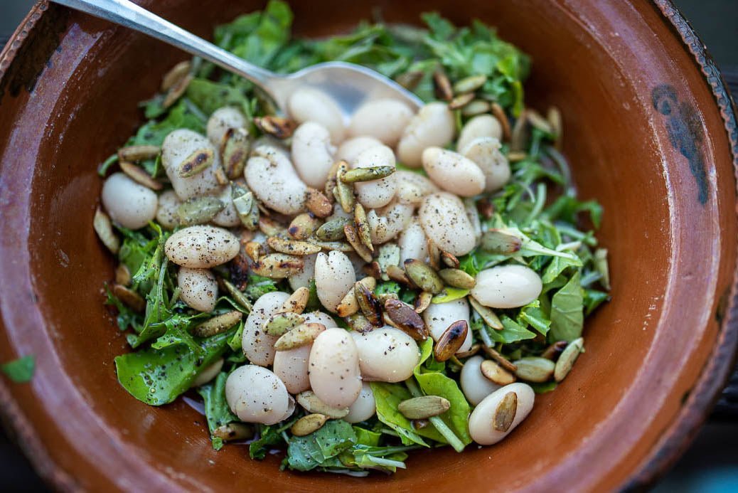 Arugula and Bean Salad with Pumpkin Seeds - Rancho Gordo