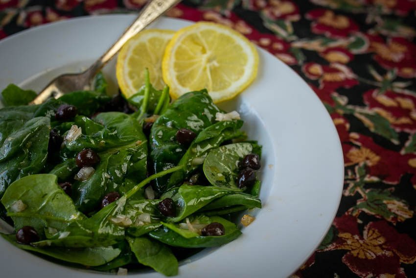 Baby Spinach and Preserved Lemon Salad with Black Garbanzos - Rancho Gordo