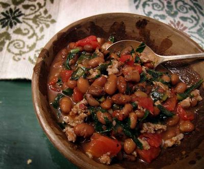 Beans with Dandelion Greens, Roasted Tomatoes and Italian Sausage - Rancho Gordo