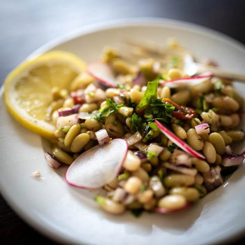 Flageolet Salad with Lemon, Radishes, and Oven-Roasted Tomatoes. - Rancho Gordo