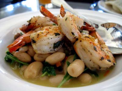 Grilled Shrimp with Rancho Gordo White Beans, Caggiano Sausage and Arugula - Rancho Gordo