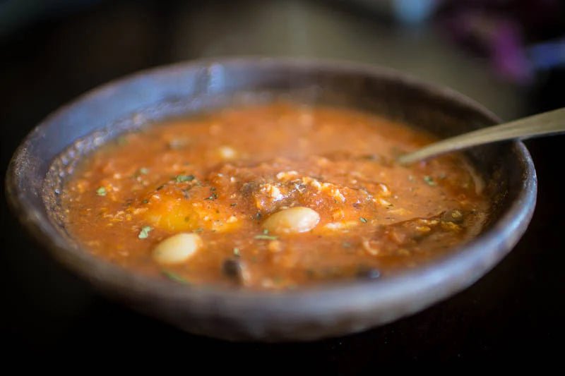 Leftover Strategies: Eggs Poached in Tomato-Bean Broth with Mushroom Carnitas - Rancho Gordo