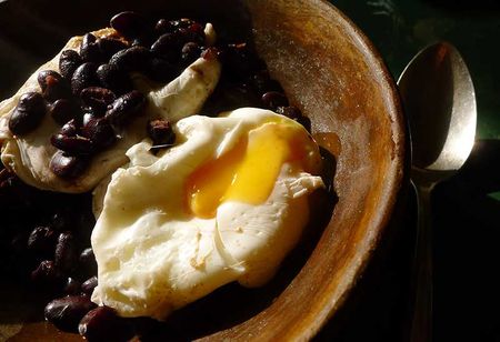 Poached Eggs on Black Beans - Rancho Gordo