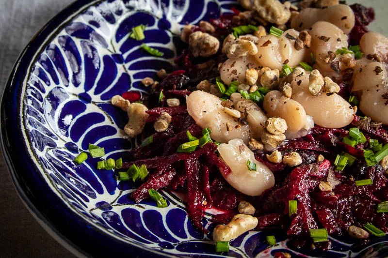 Raw Beet Salad with White Beans, Pomegranate Seeds, and Black Walnuts - Rancho Gordo