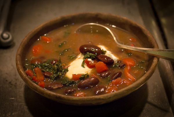 What to Do With a Pot of Beans No. 3: Bean Soup with Roasted Red Pepper and Kale - Rancho Gordo